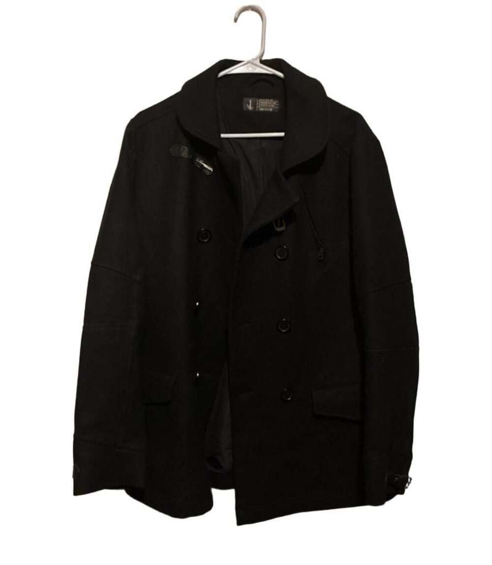 Howe Men's Black Wool-Blend Double-Breasted Peacoat with Buckle Collar Detail